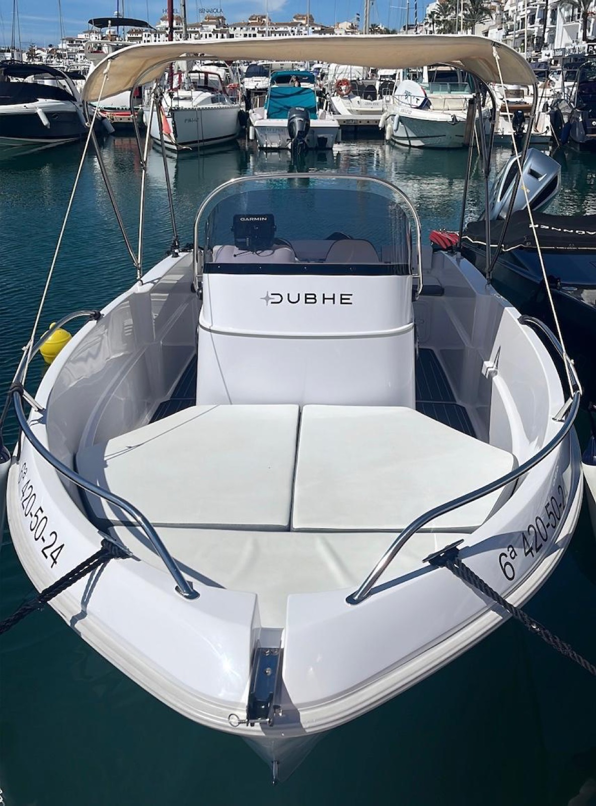 Dubhe — cheapest licence-free boat in Puerto Banús, head-on bow shot