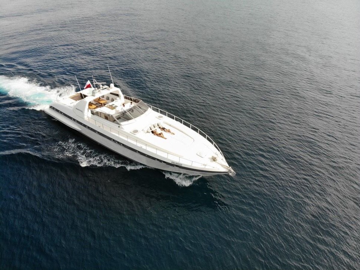 Aerial view of the Mangusta 80 cruising at speed off Marbella