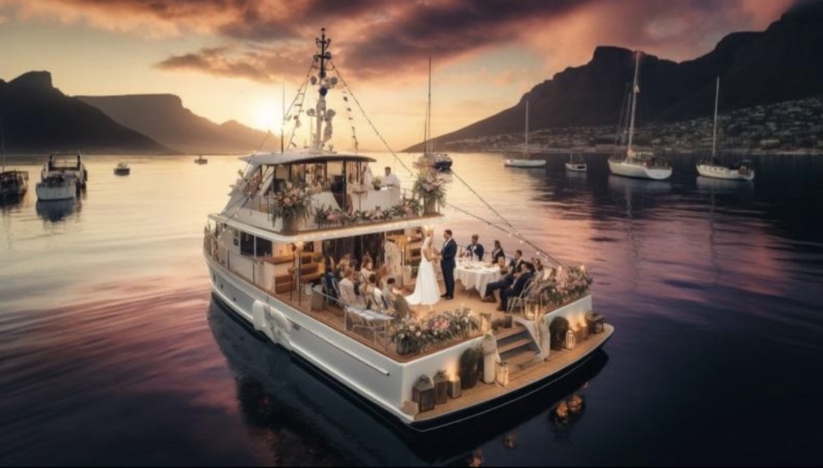 Wedding ceremony on the aft deck of a charter yacht at sunset off Marbella